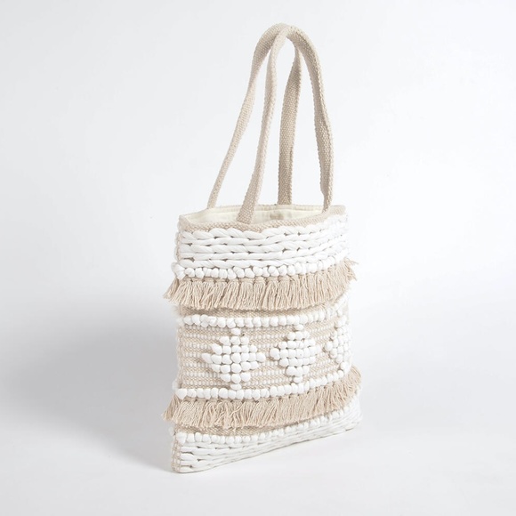 Hand tufted & tassled cotton tote bag White - Picture 2 of 3